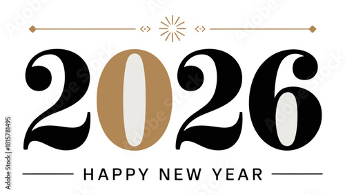New Year 2026: A minimalist greeting card design with 2026 displayed prominently above the text HAPPY NEW YEAR. This design, celebrating the arrival of a new year.