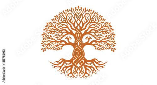 Detailed illustration of a tree with intricate roots, branches, and a symmetrical design, evoking growth