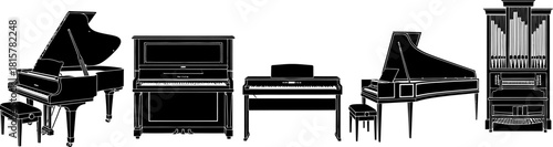 A collection of various keyboard musical instruments including grand pianos, an upright piano, a digital piano, and a pipe organ.