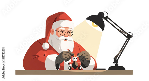 Santa Claus diligently crafting a whimsical Christmas toy, an enchanting scene capturing festive joy and holiday spirit in his workshop