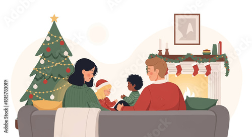 Family sitting on a couch with Christmas tree and decorated fireplace in the background with warm lighting.