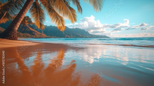 Fototapeta Naklejka Na Ścianę i Meble -  Tropical beach at sunset, calm water reflecting palms