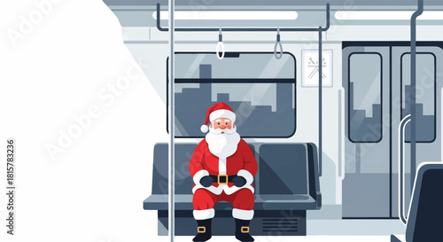 Illustration of Santa Claus sitting in a subway car with a video game controller, wearing a red suit with white trim, on a gray and white background.