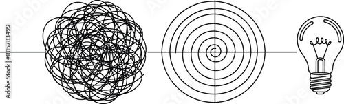 Abstract chaos to clarity concept illustration, messy lines evolving into target and lightbulb, problem solving creativity idea innovation graphic design
