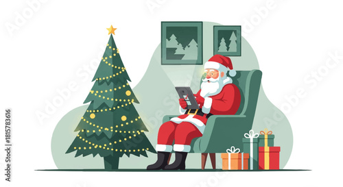Vector illustration of a modern Santa Claus relaxing in a cozy armchair by the Christmas tree, checking his list on a digital tablet