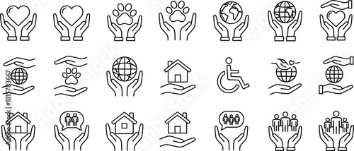 Charity support icons set, hands holding heart globe home and people, donation care symbols, humanitarian aid line art design