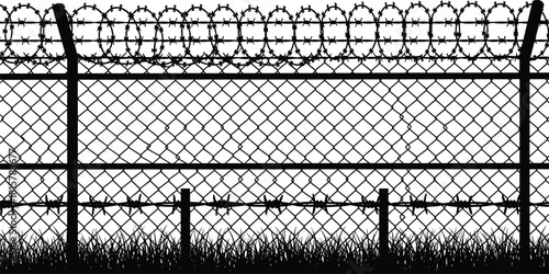 Barbed wire security fence silhouette with razor wire coils, danger boundary barrier, restricted area protection, military perimeter fencing illustration design