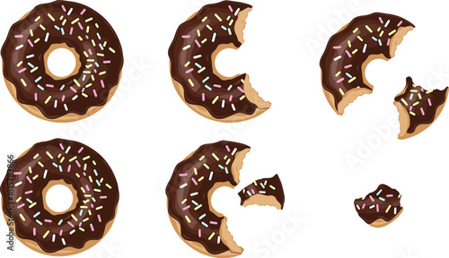 Chocolate donut with sprinkles illustration, bitten doughnut stages, sweet dessert graphic set, bakery pastry artwork, tasty food design