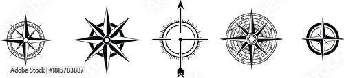 Compass rose symbols set, navigation star icons, nautical direction graphics, vintage compass designs, maritime navigation elements, vector illustration collection