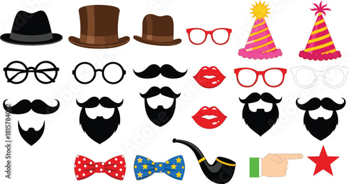 Costume accessories collection, hats glasses mustache beard lips bow tie pipe party props, playful disguise set for photos and celebrations