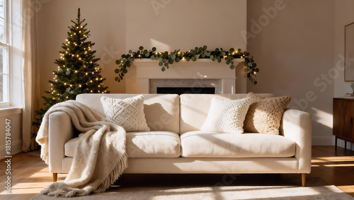 Modern Neutral Living Room with Subtle Christmas Touches”
