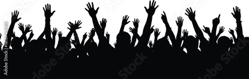 Crowd silhouette cheering with raised hands at event, energetic audience celebration, festival party atmosphere, unity and excitement in black and white illustration