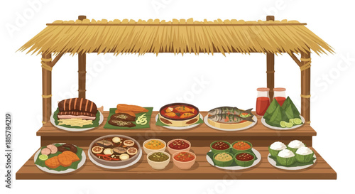 Illustration of a rustic food stall with various dishes and drinks under a thatched roof against a plain white background.