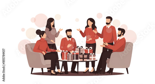 Illustration of a diverse group of six people sitting and standing around a coffee table with drinks in a casual setting with a warm color palette.