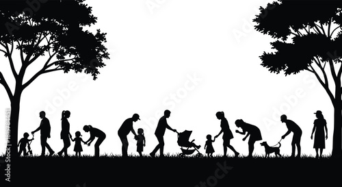 Family silhouettes walking outdoors, parents with children and pets in park scene, unity, togetherness, nature lifestyle, peaceful community illustration