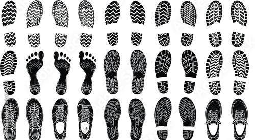 Footprint and shoe print set, diverse shoe sole patterns, human foot impressions, grunge texture footsteps collection, black silhouette tracks illustration