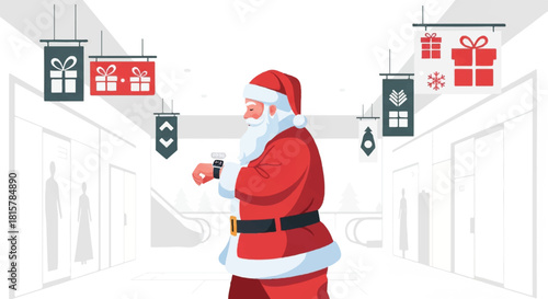 Santa Claus walks down a white hallway with festive holiday decorations and gifts.