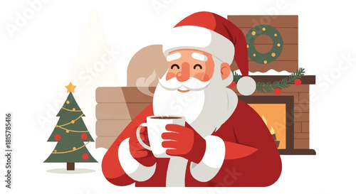 Illustration of Santa Claus holding a mug in front of a Christmas tree and fireplace with a festive holiday background.