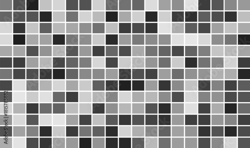 An abstract geometric background features a random mosaic pattern of varying shades of gray and white squares, creating a modern digital texture
