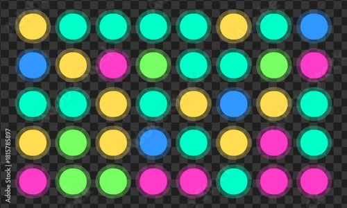 Abstract background featuring a symmetrical grid of bright, glowing circular shapes in various colors, creating a modern and vibrant pattern