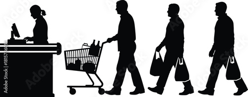 Supermarket shopping silhouette scene with cashier, customer cart and grocery bags, retail checkout illustration, consumer purchase process concept design
