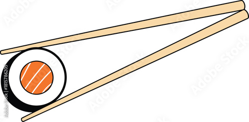 Sushi roll with chopsticks illustration, Japanese food graphic, salmon maki icon, Asian cuisine artwork, traditional sushi meal design