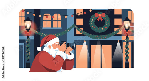 Illustration of Santa Claus peeking from behind a curtain in a festive holiday scene with a wreath and garland.