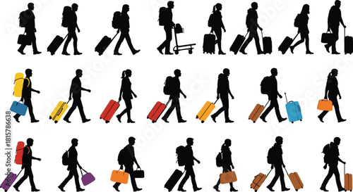 Travelers walking with luggage silhouettes, airport passengers illustration, tourism journey concept, people with suitcases and backpacks design