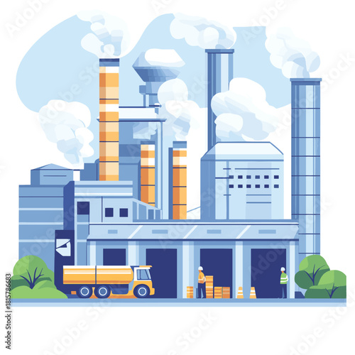 Industrial manufacturing plant line art workers chimney smoke pipes production process logistics and environment , vector style simple color