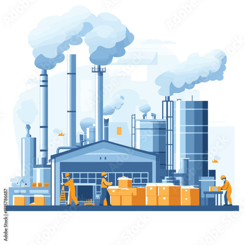 Industrial manufacturing plant line art workers chimney smoke pipes production process logistics and environment , vector style simple color