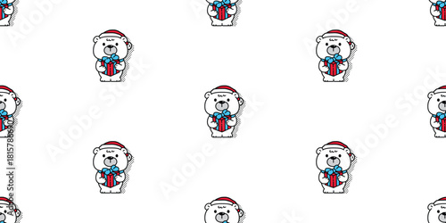 bear polar seamless pattern christmas santa claus hat gift box teddy vector pet doodle cartoon scarf isolated gift wrapping paper tile background repeat wallpaper illustration design