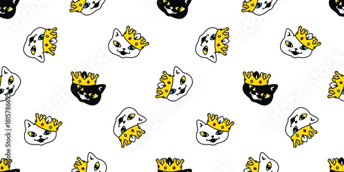 cat seamless pattern king crown kitten face head smiling vector calico doodle cartoon tile background gift wrapping paper pet animal illustration repeat wallpaper scarf isolated