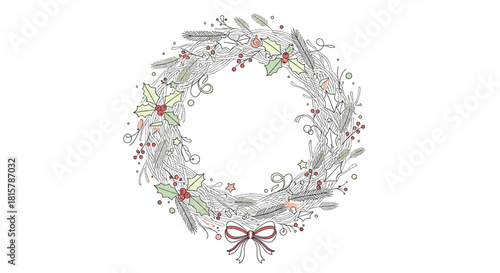 Elegant hand-drawn Christmas wreath with festive holly, red berries, and a bow. A delicate botanical illustration for winter holiday decoration