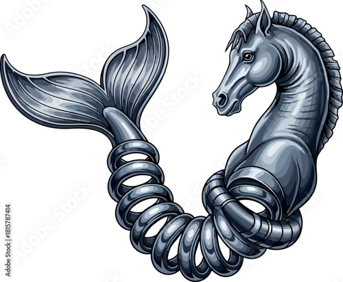 Detailed vector illustration of a hippocampus a mythical creature with the front of a horse and the tail of a fish isolated on white