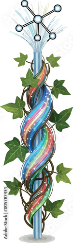 Abstract technology pillar with fiber optics and ivy vector illustration for data connection and growth concepts isolated on white