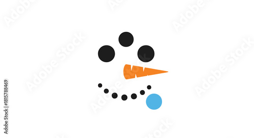 A simple, minimalist cartoon snowman face with a carrot nose and a happy blue tongue on a white background