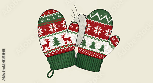 Two knitted Christmas mittens with red, green, and white patterns are bumping together in a friendly gesture.