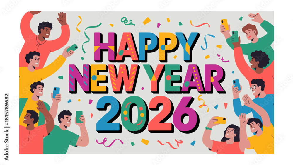Naklejka premium Celebratory New Year 2026: An illustrated gathering of individuals is cheerfully celebrating New Year 2026, using their smartphones to capture the festive moment.