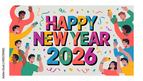 Celebratory New Year 2026: An illustrated gathering of individuals is cheerfully celebrating New Year 2026, using their smartphones to capture the festive moment. 