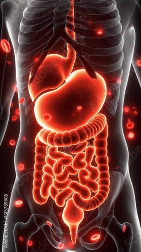Pain intestines, bowel inflammation, stomach ache. Gut health. Intestinal walls thicken causing discomfort. Stomach lining irritation affects digestion. Gastrointestinal stability crucial for health
