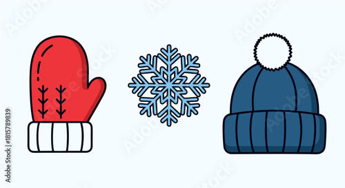 Set of winter clothing icons red mitten, snowflake, and blue knitted hat with pom-pom on a light blue background