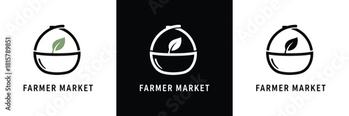 Farmer market logo icon: stylized bowl with green leaf sprout, representing organic food, fresh produce, and local agriculture, displayed three times.
