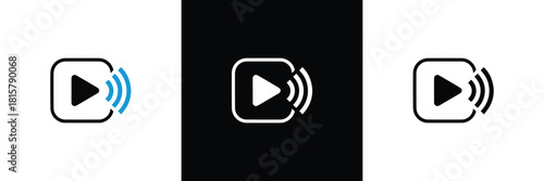 Play button icon with signal waves, indicating live streaming, broadcasting, or online video playback. isolated on white and black backgrounds.