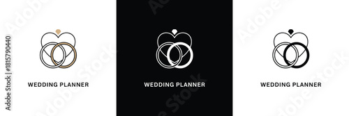 Elegant wedding planner logo with interlocking rings and heart motif, symbolizing union and commitment, rendered in minimal line art style on white background
