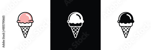 Set of three stylized ice cream cones, showing variety in color and background contrast, representing simple, modern design and sweet treats.