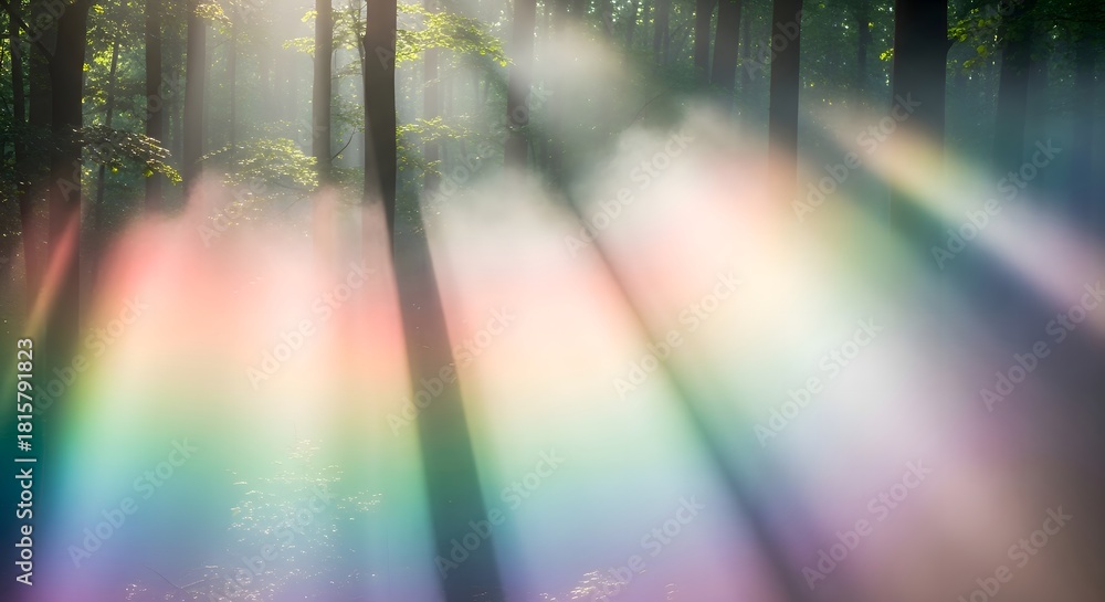 Obraz premium Sunlight filtering through a misty forest, creating a rainbow effect with its rays and beams of light in a serene natural environment