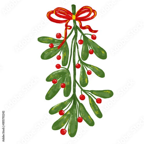 Cute watercolor crayon christmas xmas hanging mistletoe leaves leaf with red ribbon bow holiday greeting card element clipart kids hand drawn illustration design sticker vector