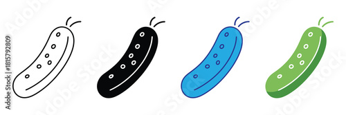 Stylized icons of a cucumber in outline, solid black, bright blue, and green, isolated on white, showcasing diversity in representation