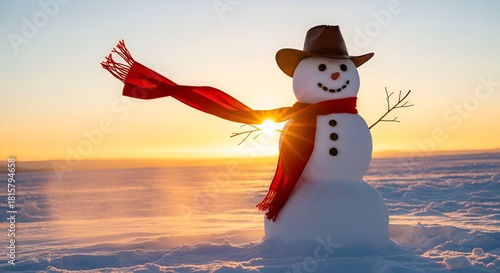 Whimsical snowman dons a cowboy hat and red scarf amidst a golden winter sunset landscape.