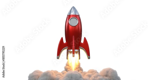 A vibrant red rocket launches upwards, propelled by fire and smoke, on white background.